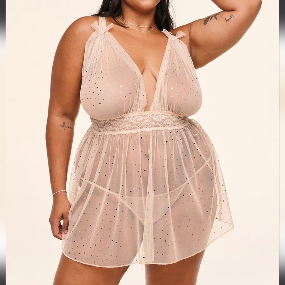 Adore Me Novah Babydoll set BNWT XL Sheer Cream tan gold sparkles